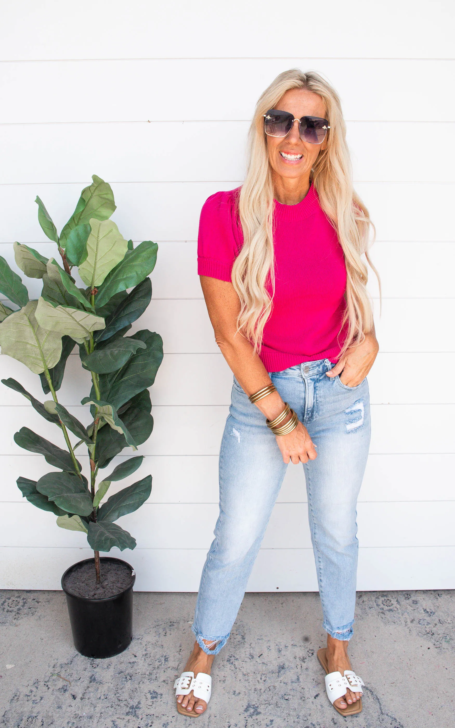 Fuchsia Puff Sleeve Knit Top | FINAL SALE