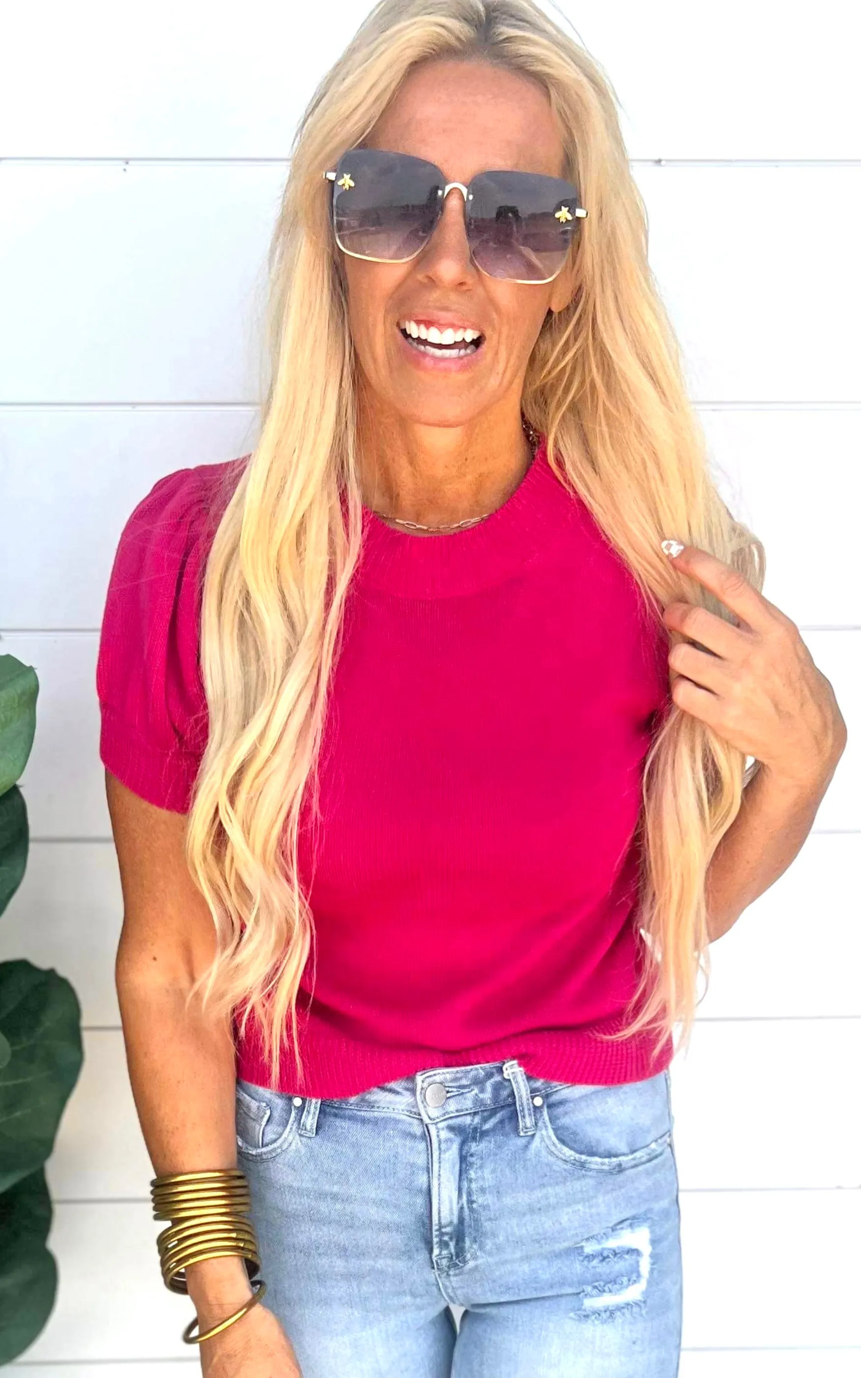 Fuchsia Puff Sleeve Knit Top | FINAL SALE