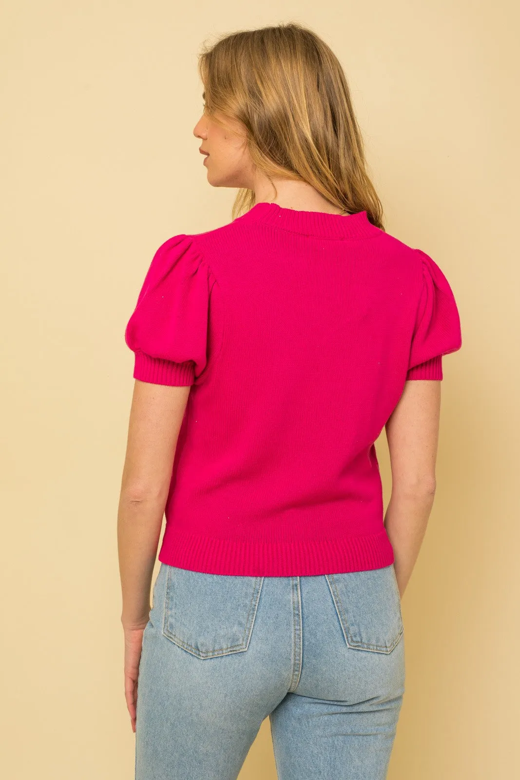 Fuchsia Puff Sleeve Knit Top | FINAL SALE