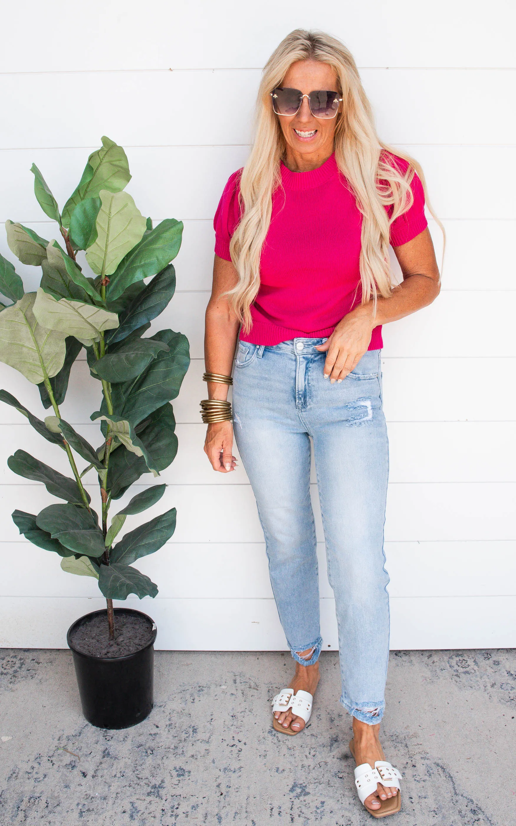 Fuchsia Puff Sleeve Knit Top | FINAL SALE
