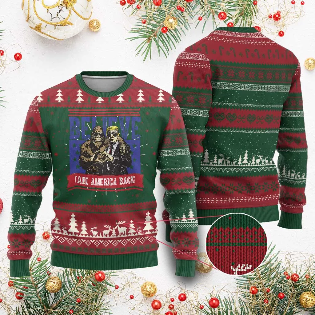 Funny Believe Bigfoot Trump Ugly Christmas Sweater Take America Back TS09