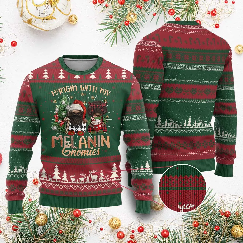 Funny Xmas African American Ugly Christmas Sweater Hangin With My Melanin Gnomies Afro Gnomes TS11