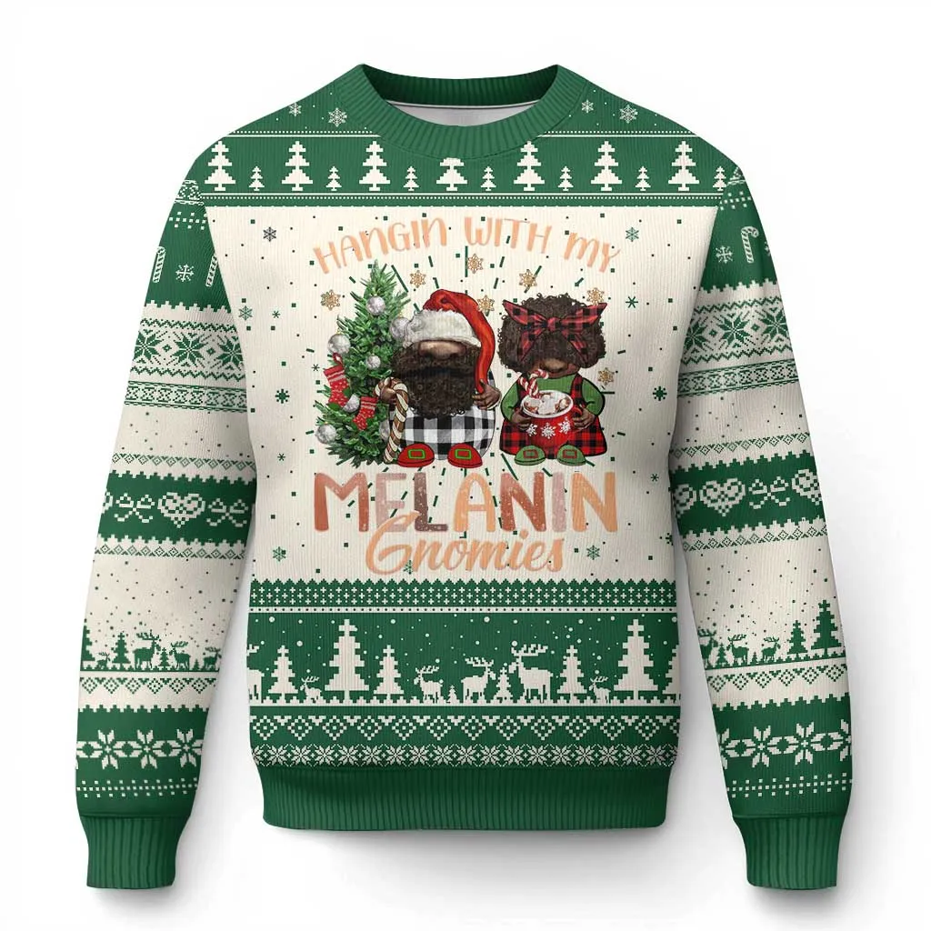 Funny Xmas African American Ugly Christmas Sweater Hangin With My Melanin Gnomies Afro Gnomes TS11