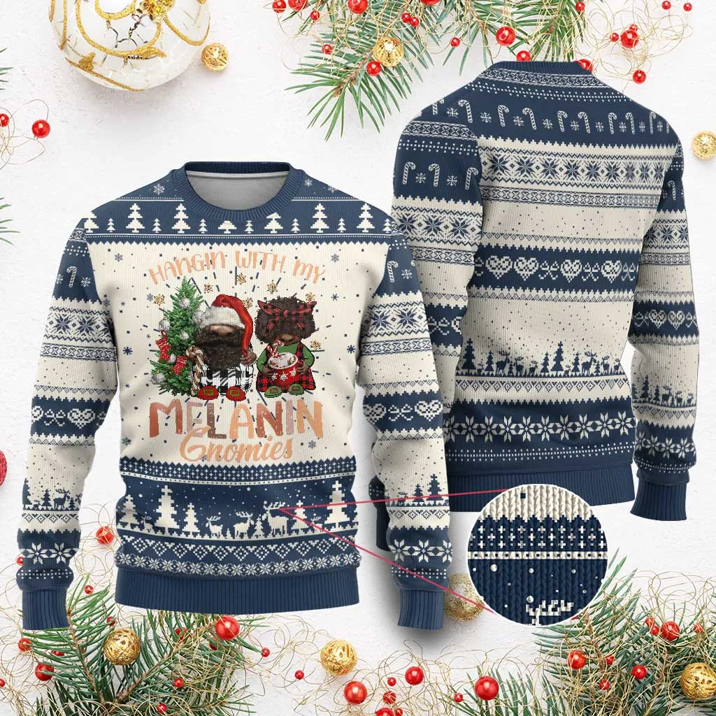 Funny Xmas African American Ugly Christmas Sweater Hangin With My Melanin Gnomies Afro Gnomes TS11