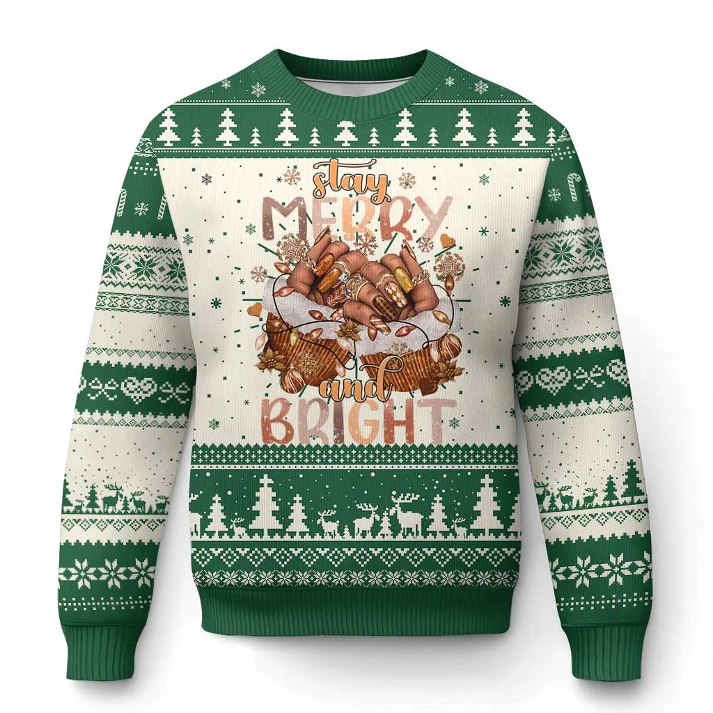 Funny Xmas African American Ugly Christmas Sweater Stay Merry And Bright Black Melanin Girl Nails TS11