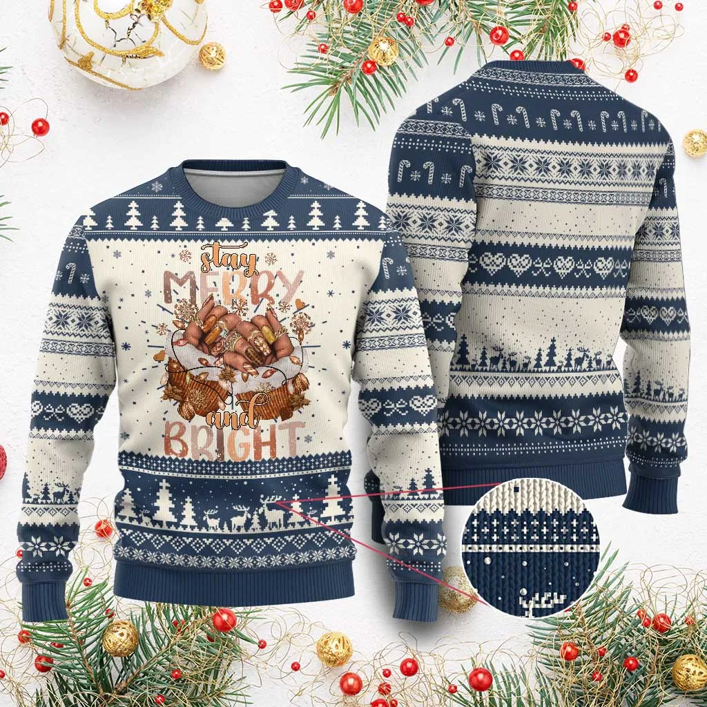 Funny Xmas African American Ugly Christmas Sweater Stay Merry And Bright Black Melanin Girl Nails TS11