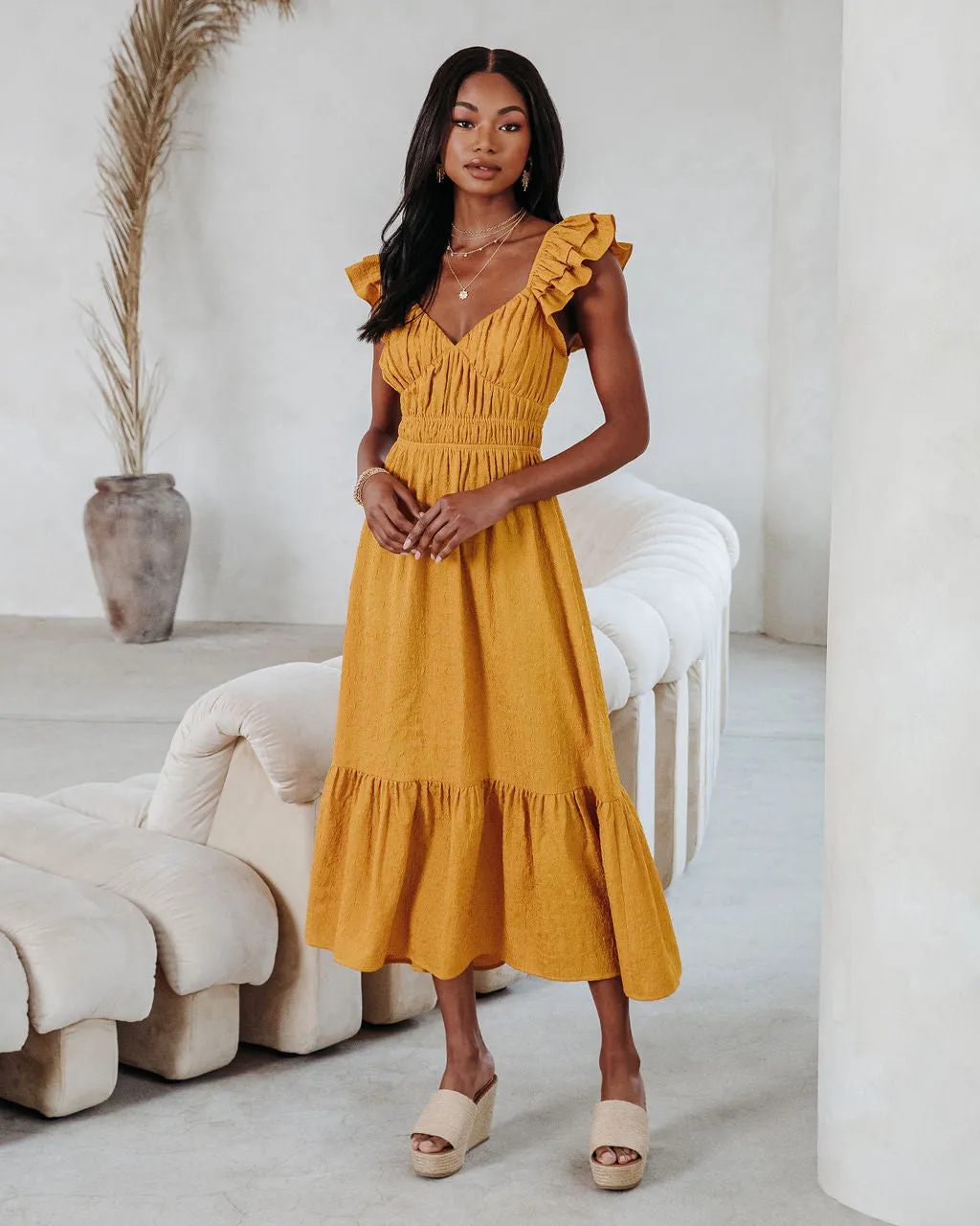 GEORGIANA TEXTURED RUFFLE MIDI DRESS - MUSTARD