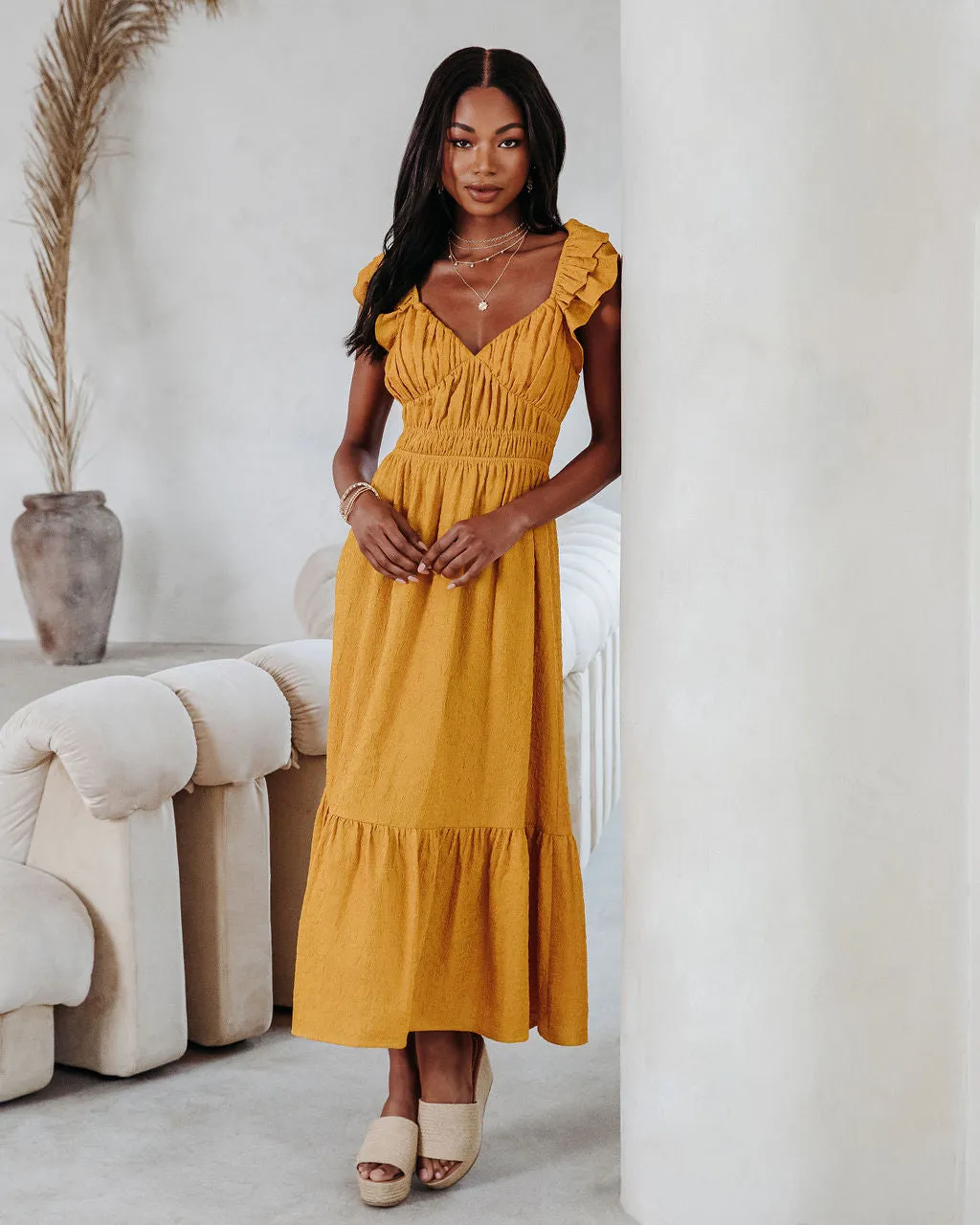 GEORGIANA TEXTURED RUFFLE MIDI DRESS - MUSTARD