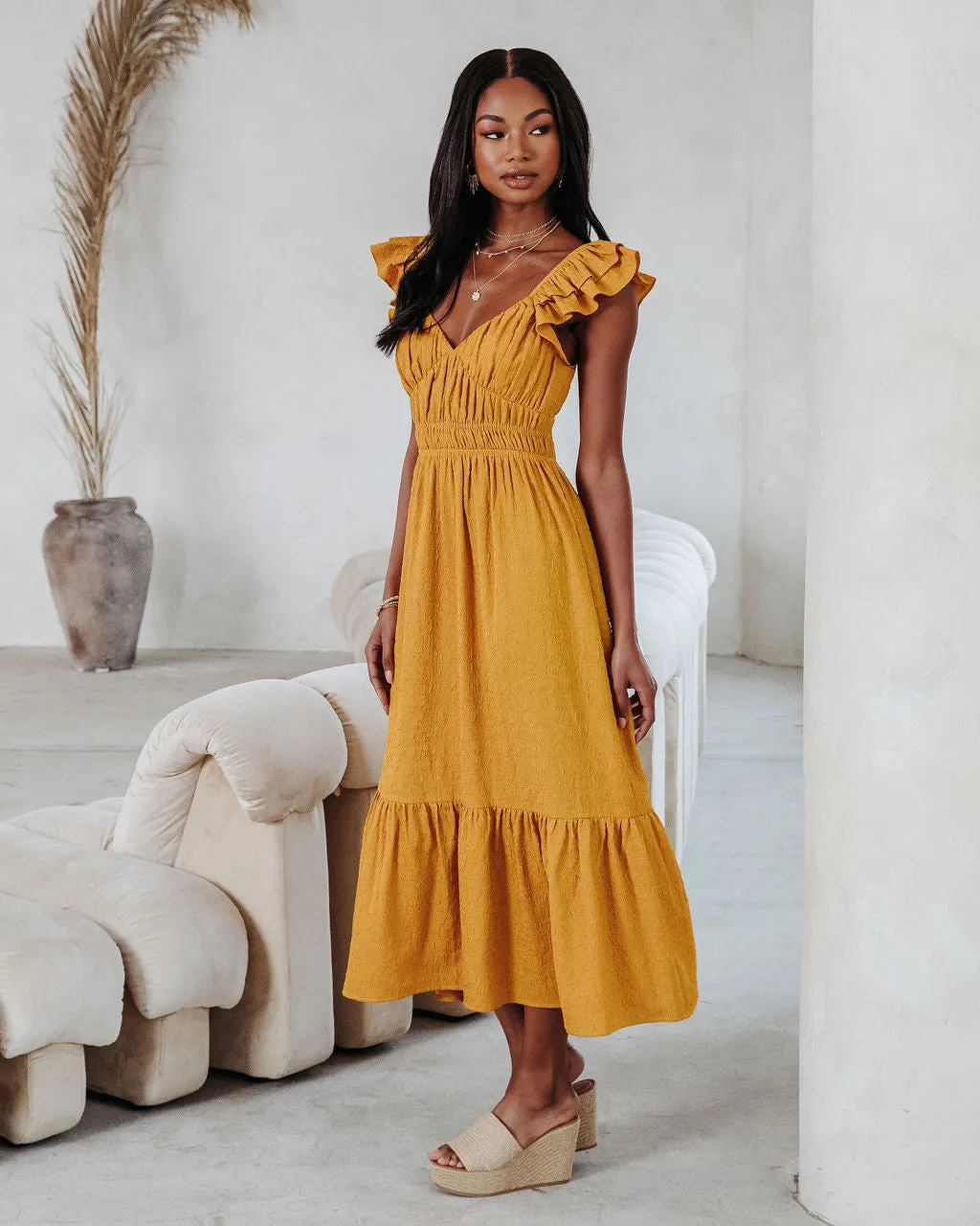 GEORGIANA TEXTURED RUFFLE MIDI DRESS - MUSTARD