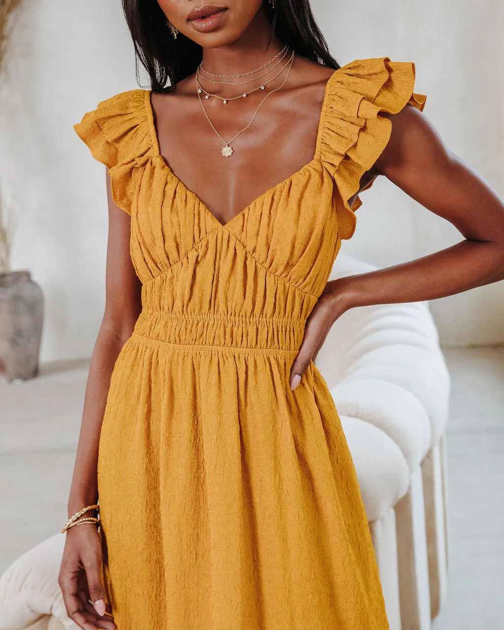 GEORGIANA TEXTURED RUFFLE MIDI DRESS - MUSTARD