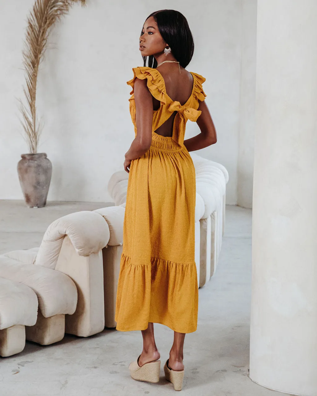 GEORGIANA TEXTURED RUFFLE MIDI DRESS - MUSTARD