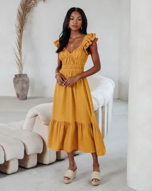 GEORGIANA TEXTURED RUFFLE MIDI DRESS - MUSTARD