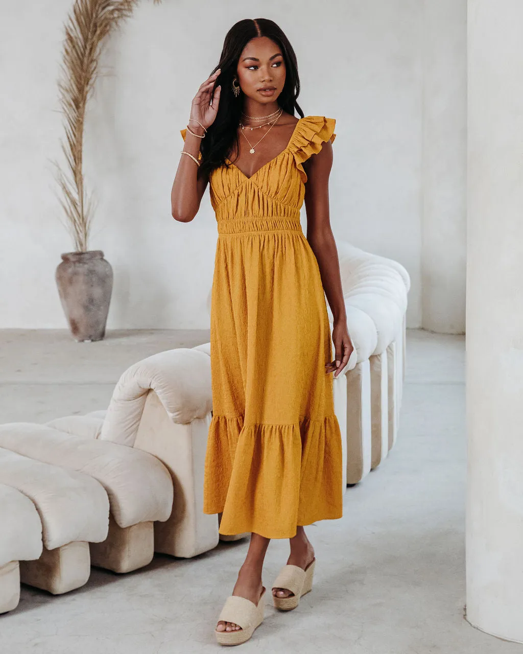 GEORGIANA TEXTURED RUFFLE MIDI DRESS - MUSTARD