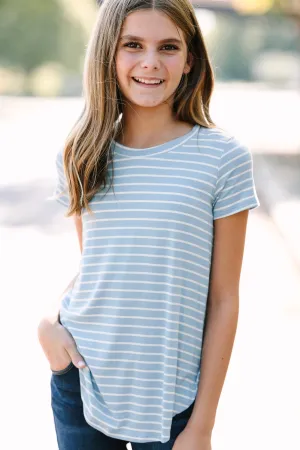 Girls: Let's Meet Later Light Blue and Ivory Striped Top