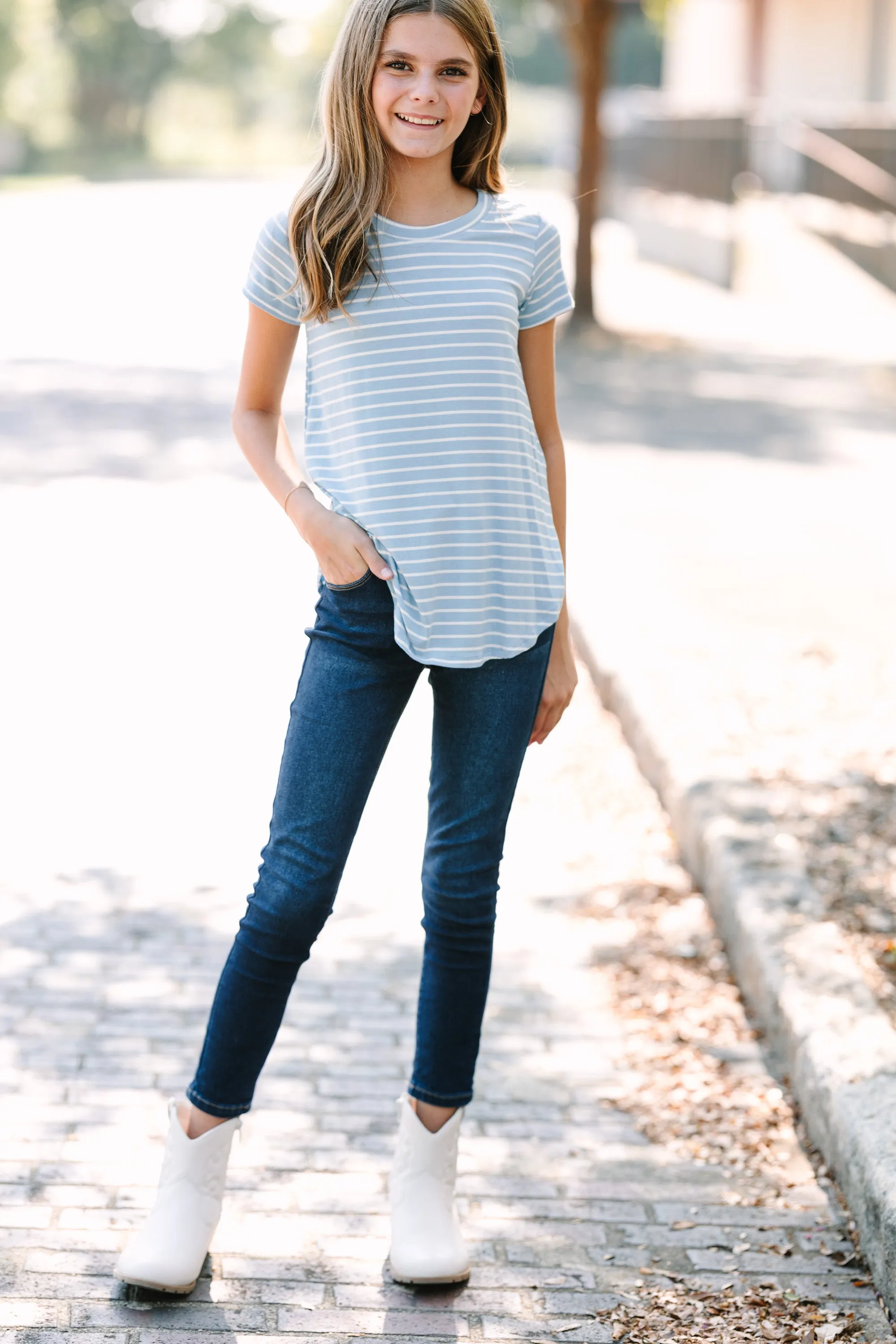 Girls: Let's Meet Later Light Blue and Ivory Striped Top