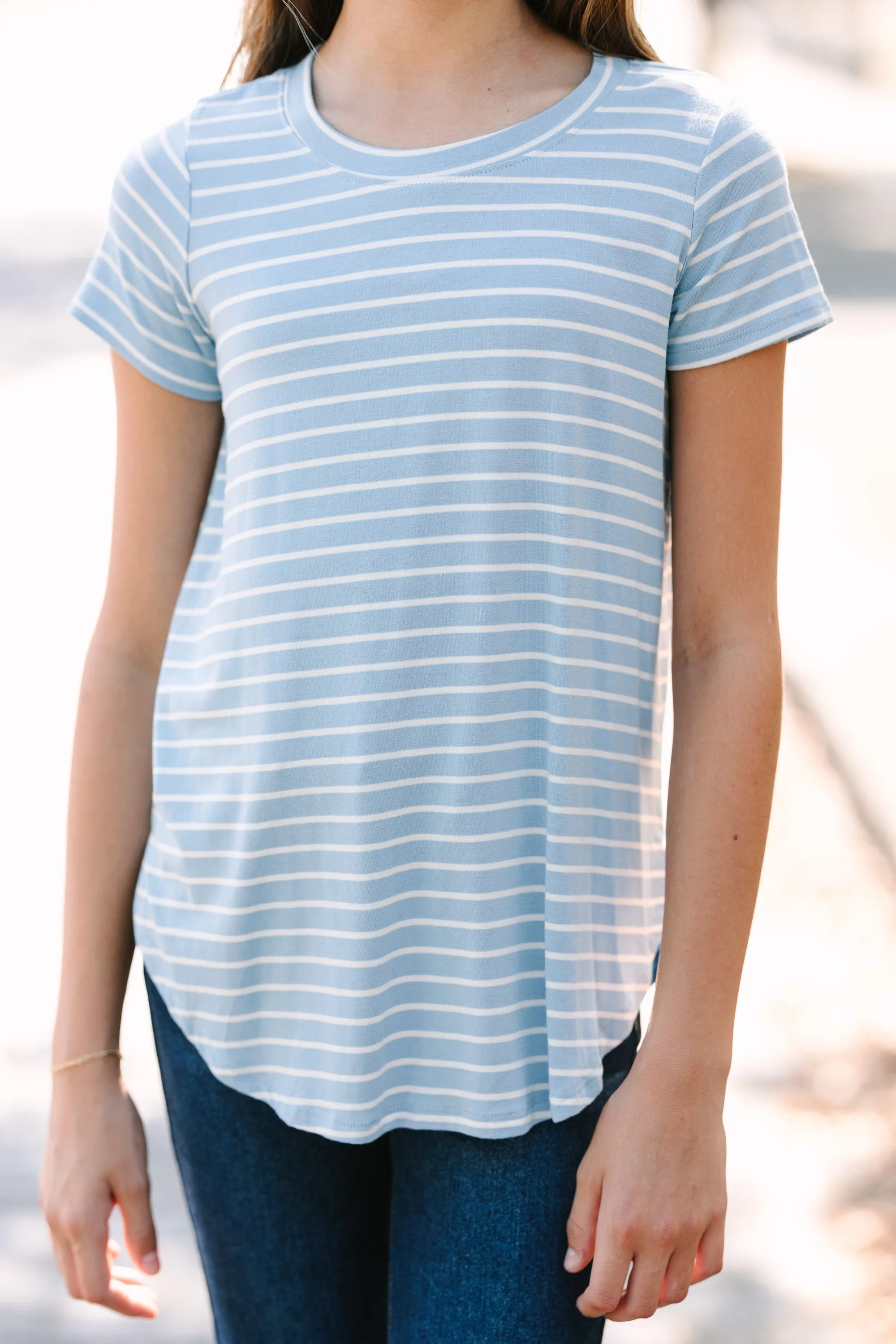 Girls: Let's Meet Later Light Blue and Ivory Striped Top