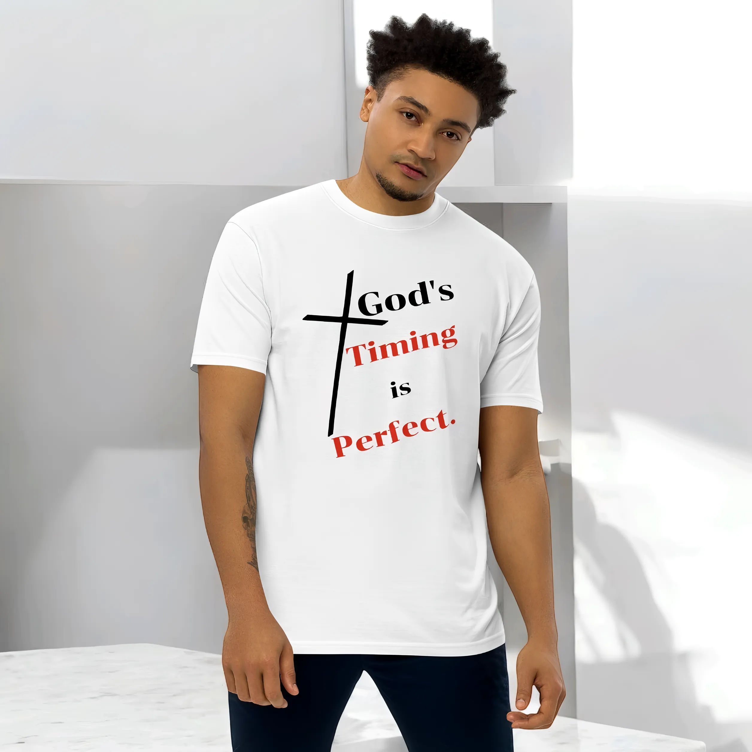 God's Timing is Perfect Men’s premium heavyweight tee
