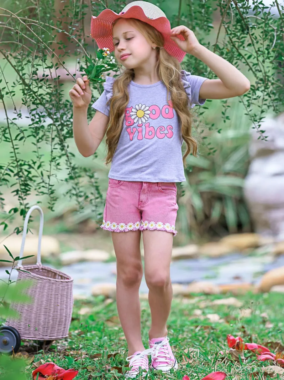 Good Vibes Daisy Denim Shorts Set