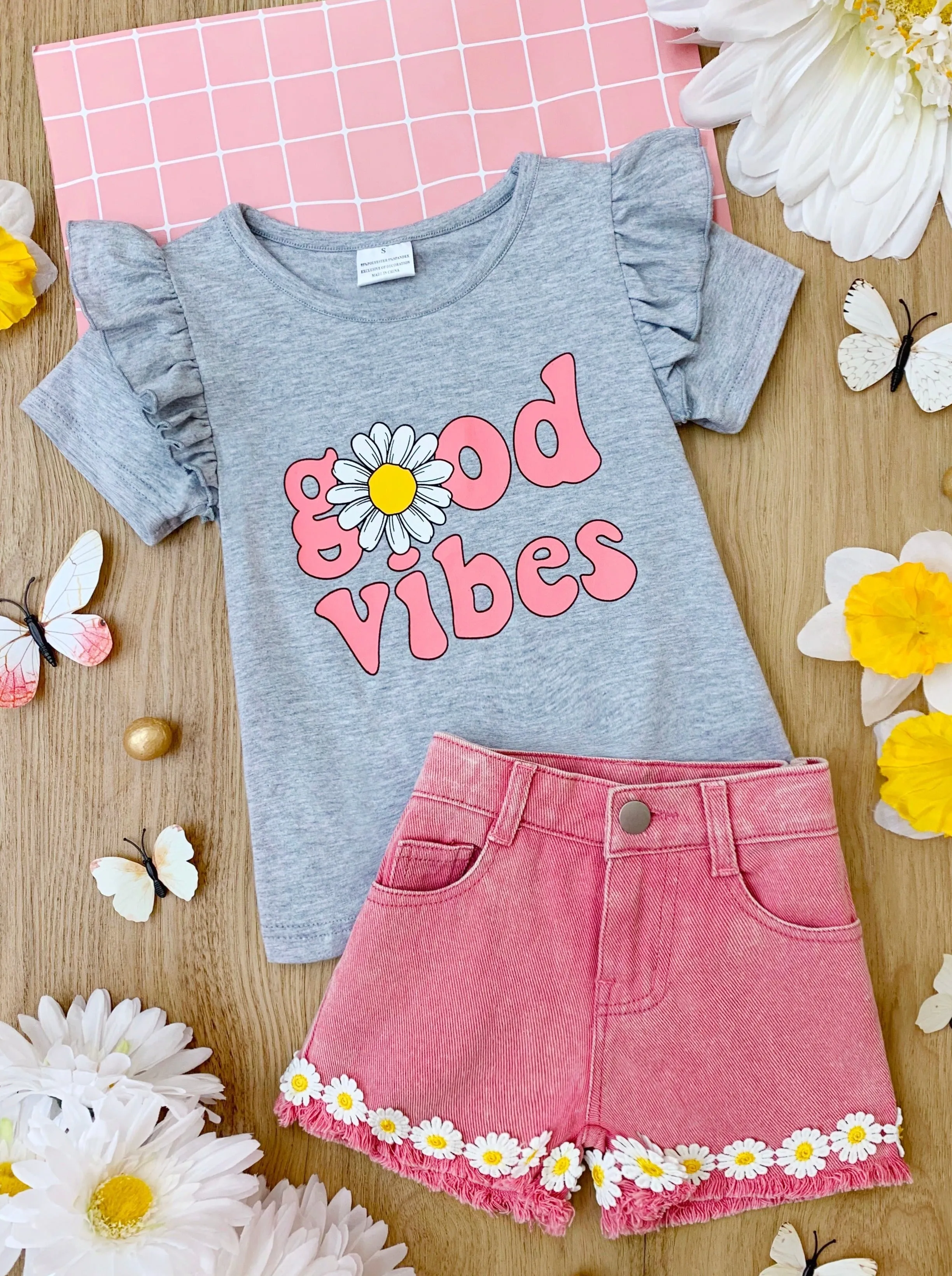 Good Vibes Daisy Denim Shorts Set