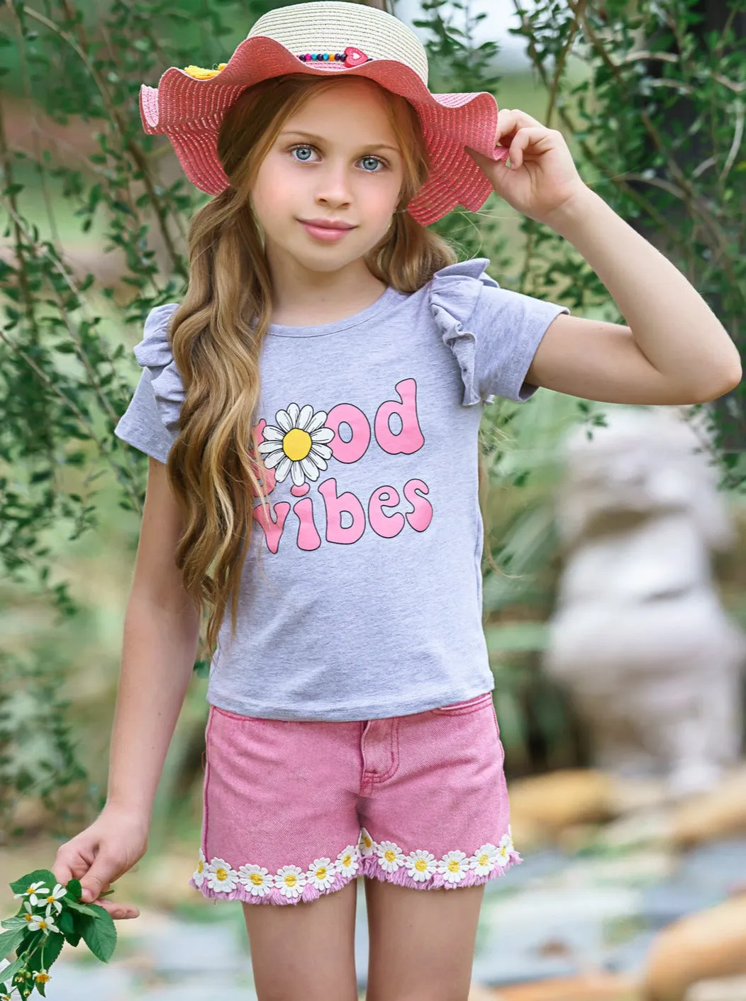 Good Vibes Daisy Denim Shorts Set