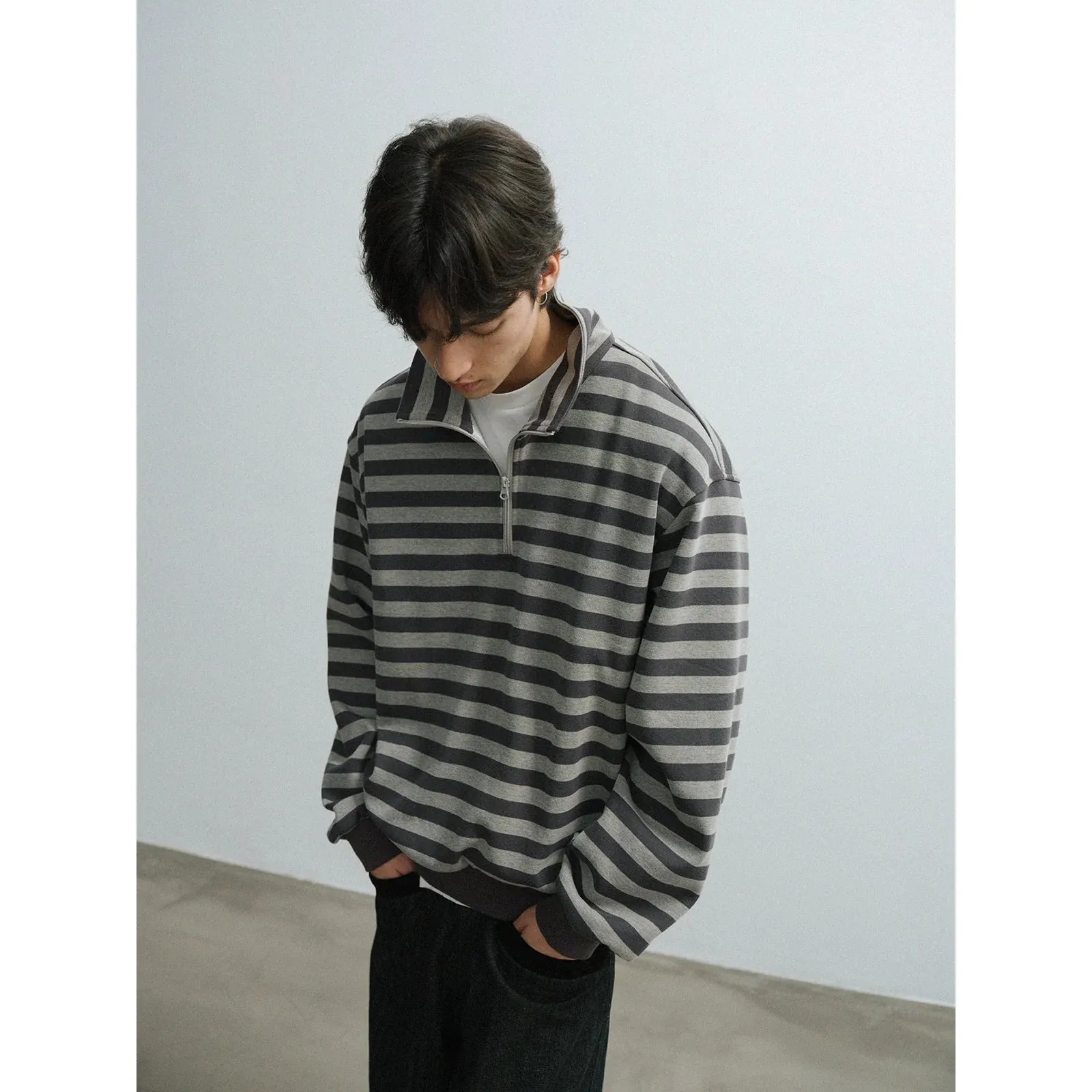 Gray Striped Half-Zip Sweater