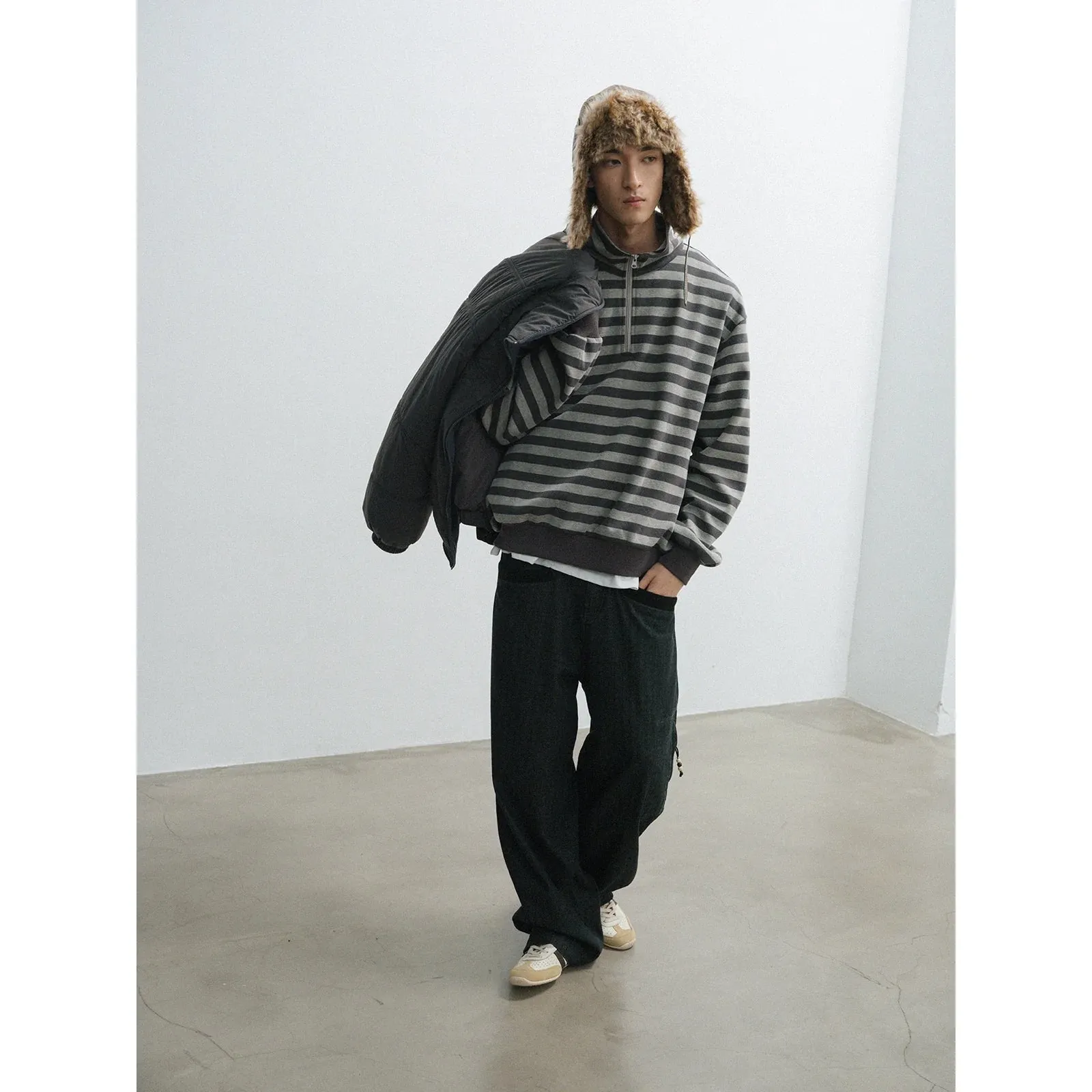 Gray Striped Half-Zip Sweater