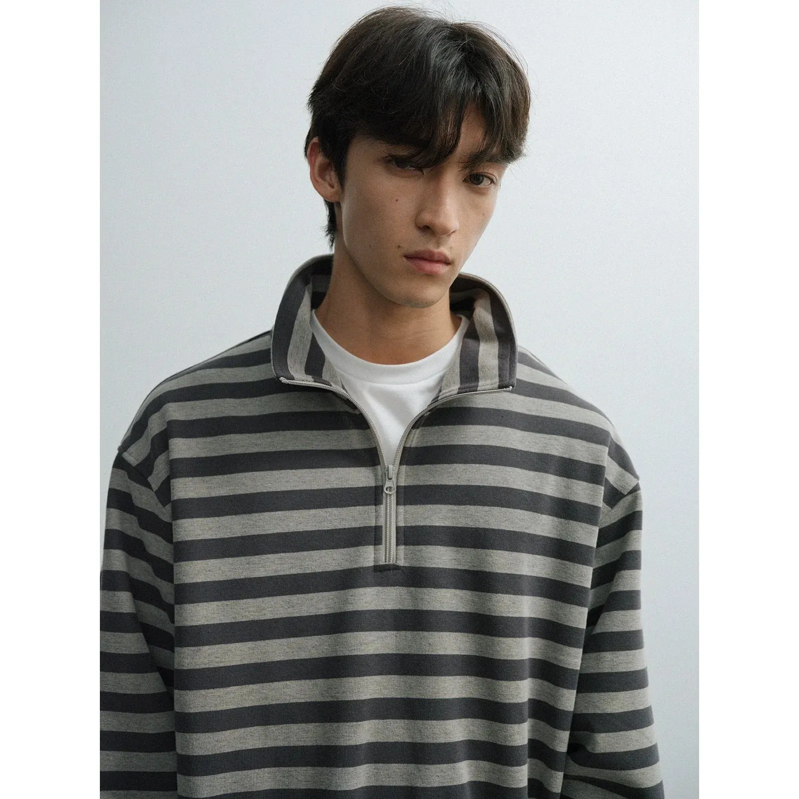 Gray Striped Half-Zip Sweater