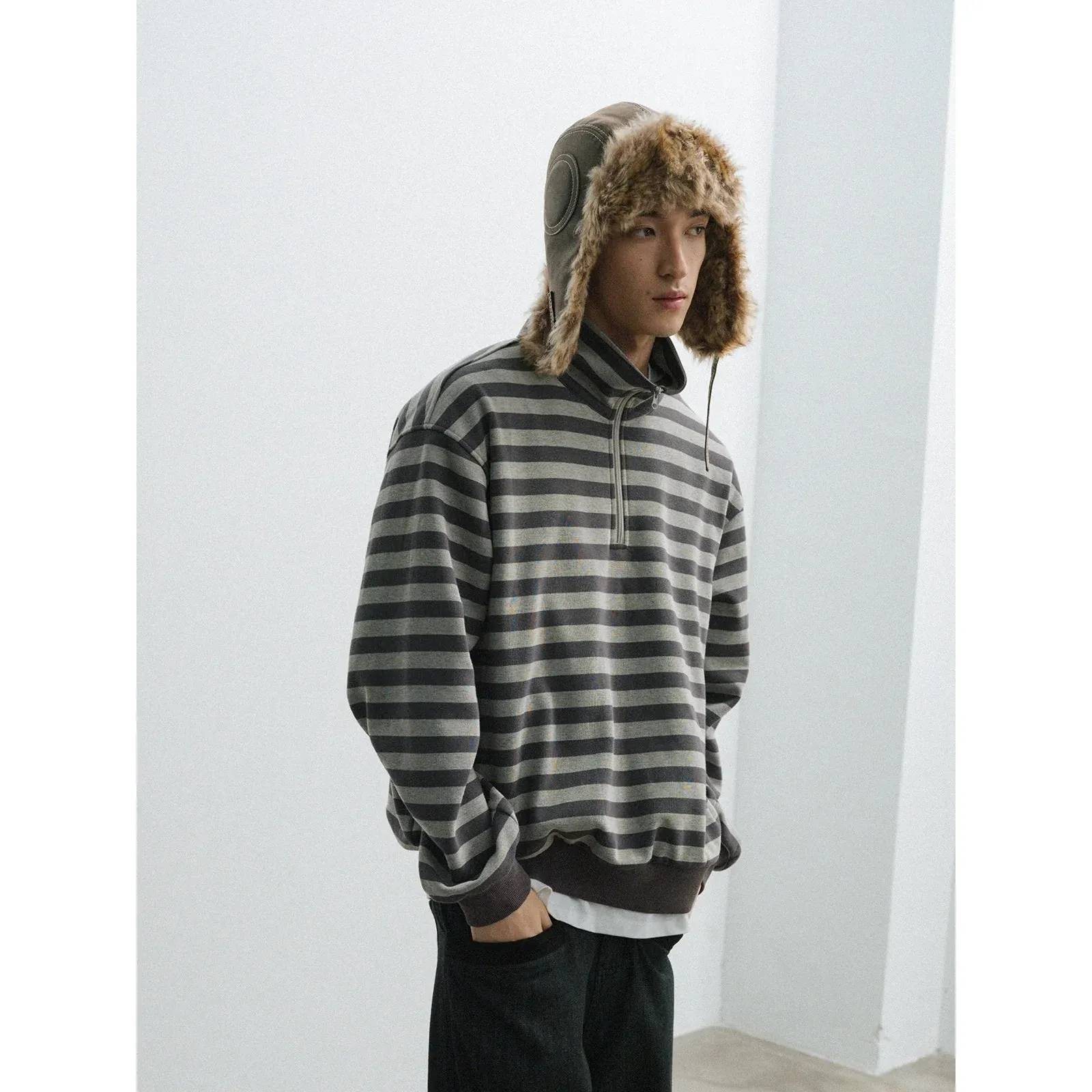Gray Striped Half-Zip Sweater