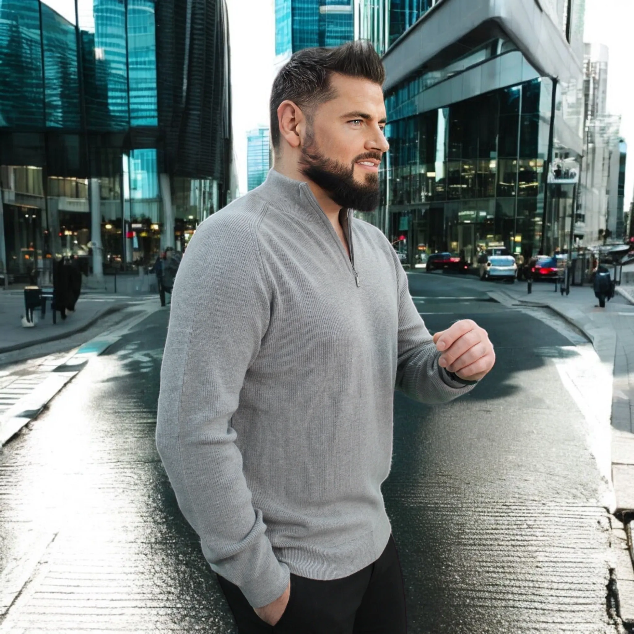Gray - Wool- Quarter Zipper,  Essential  Sweater