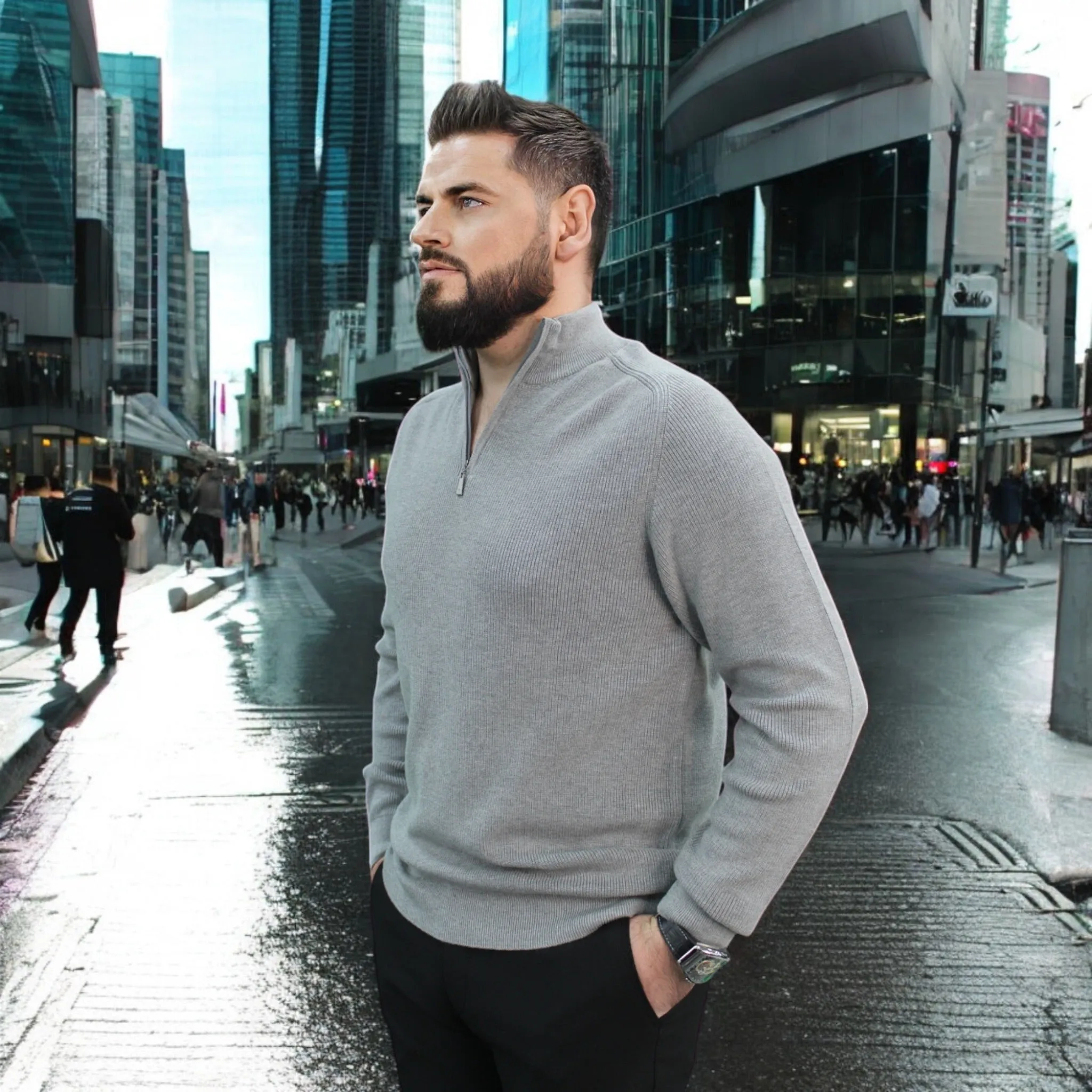 Gray - Wool- Quarter Zipper,  Essential  Sweater