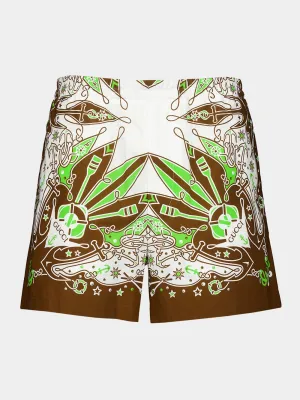 Green and Brown Bandana Print Cotton Shorts