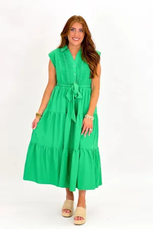 Green Collared Sleeveless Textured Detail Dress