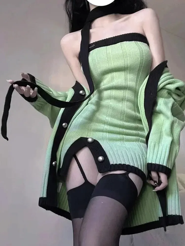 Green Goddess Knit Sweater Dress & Cardigan