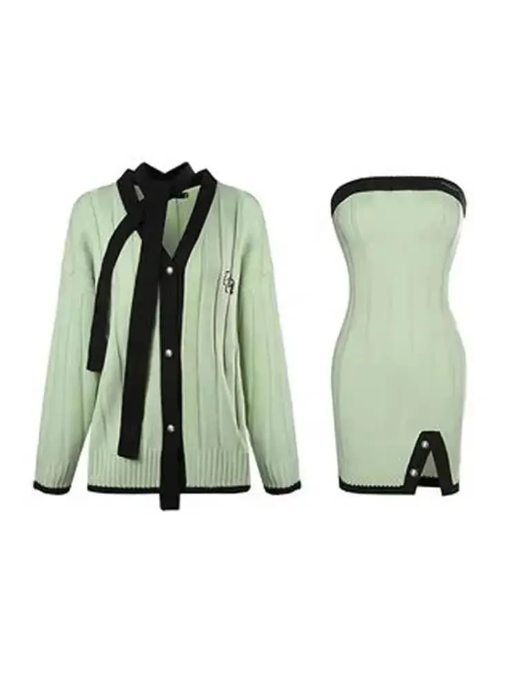 Green Goddess Knit Sweater Dress & Cardigan