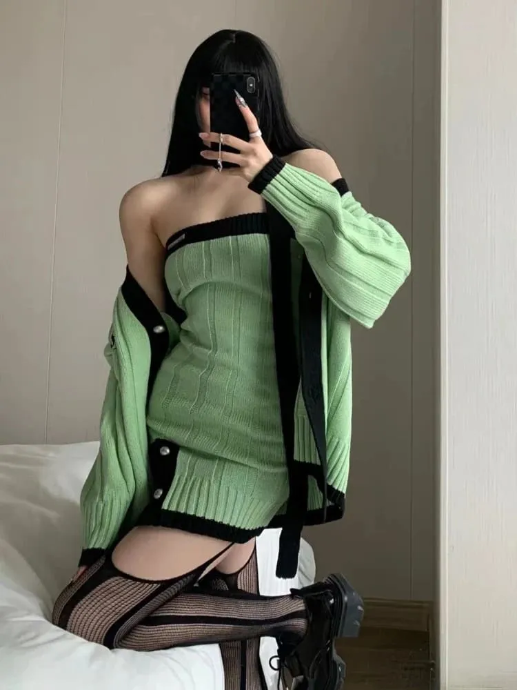 Green Goddess Knit Sweater Dress & Cardigan