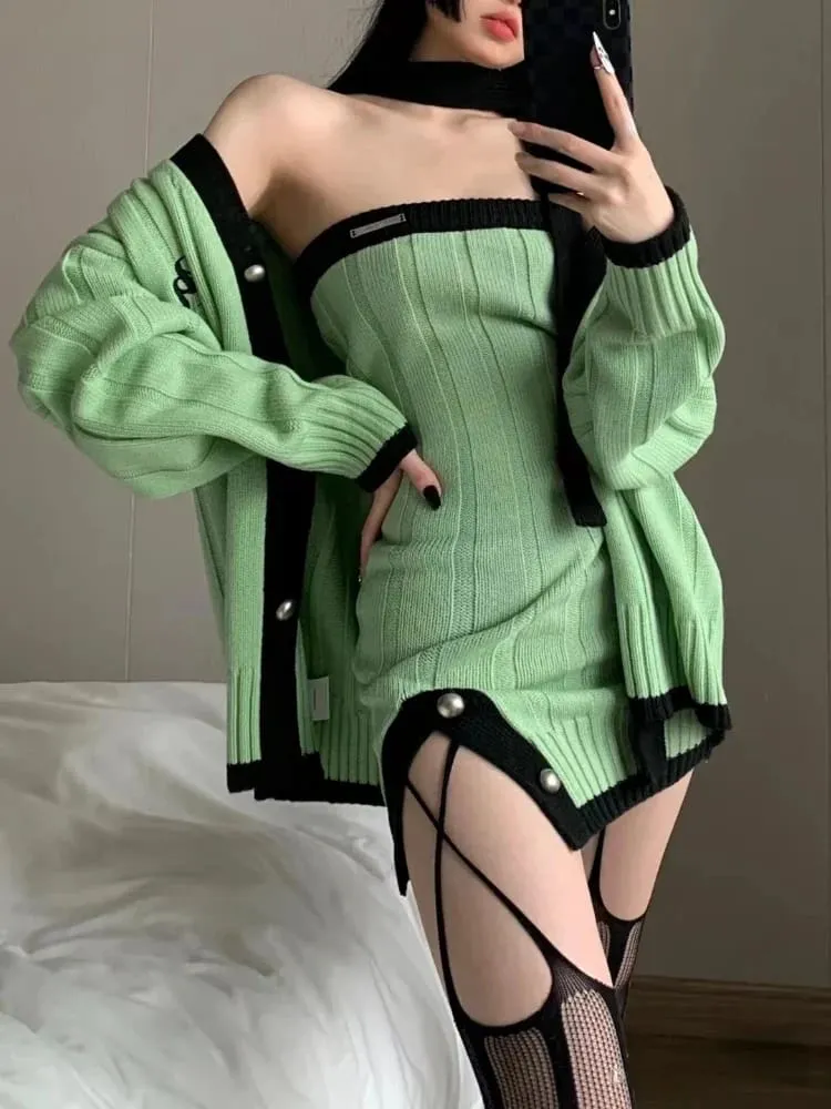 Green Goddess Knit Sweater Dress & Cardigan
