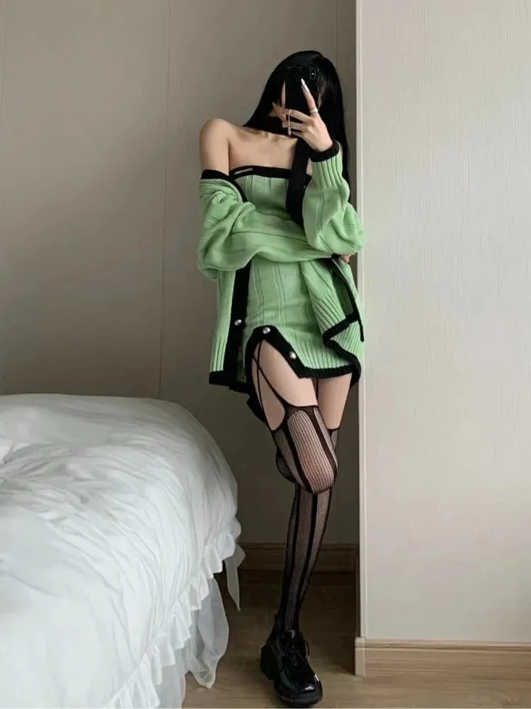 Green Goddess Knit Sweater Dress & Cardigan