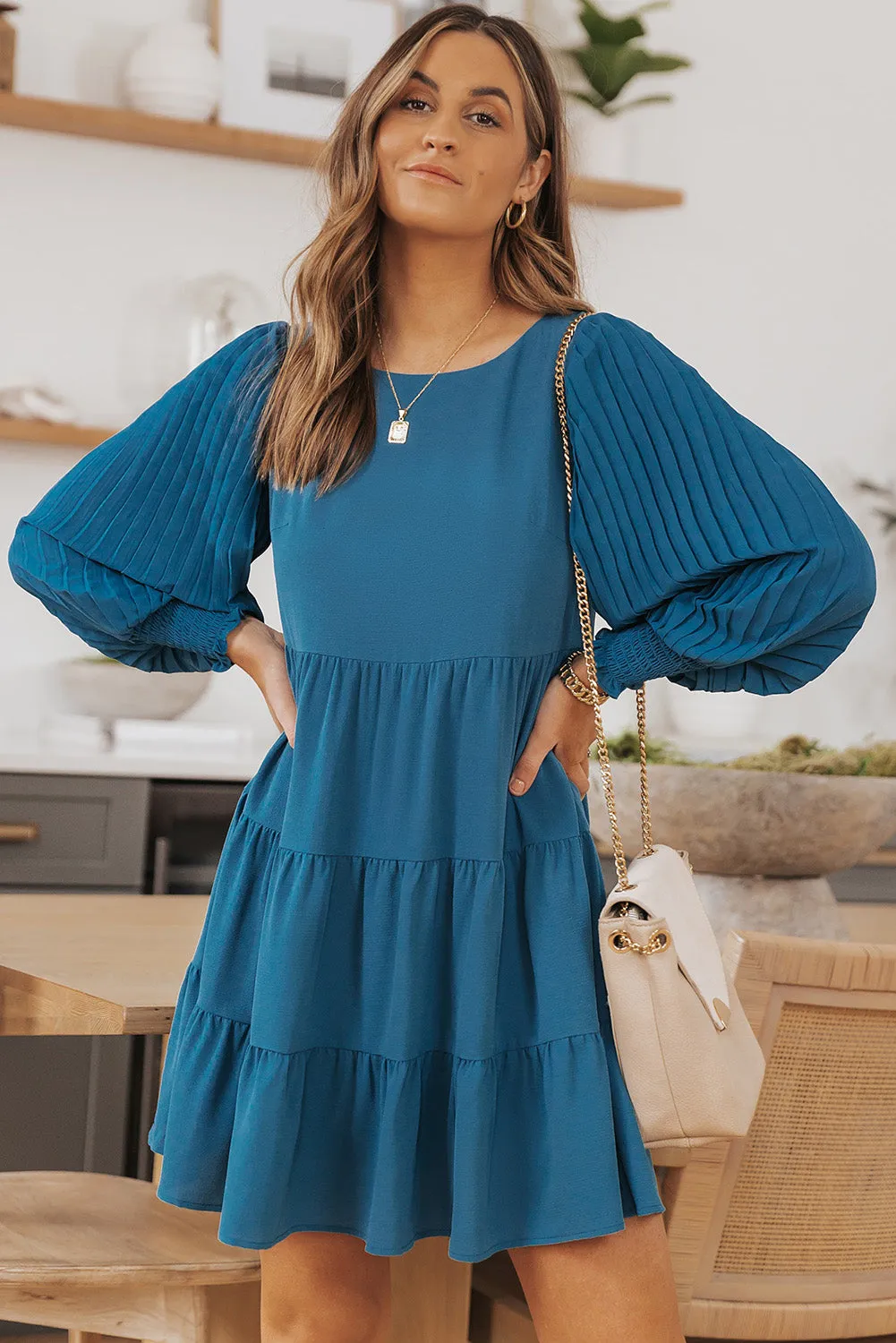 Green Pleated Bubble Sleeves Tiered Ruffle Mini Dress