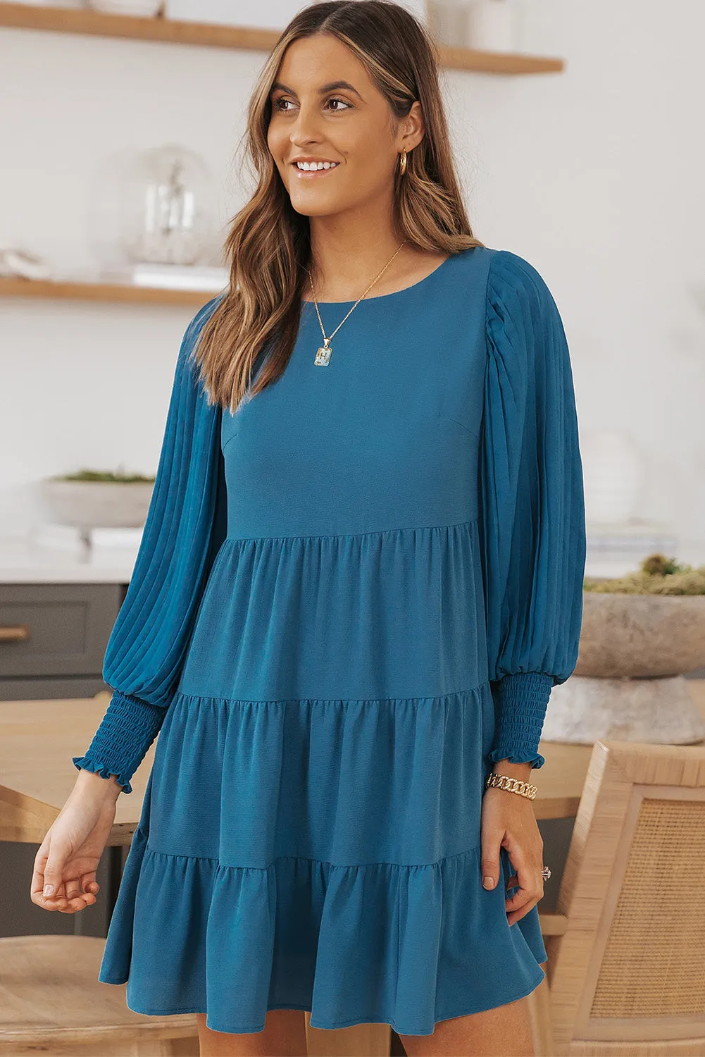 Green Pleated Bubble Sleeves Tiered Ruffle Mini Dress