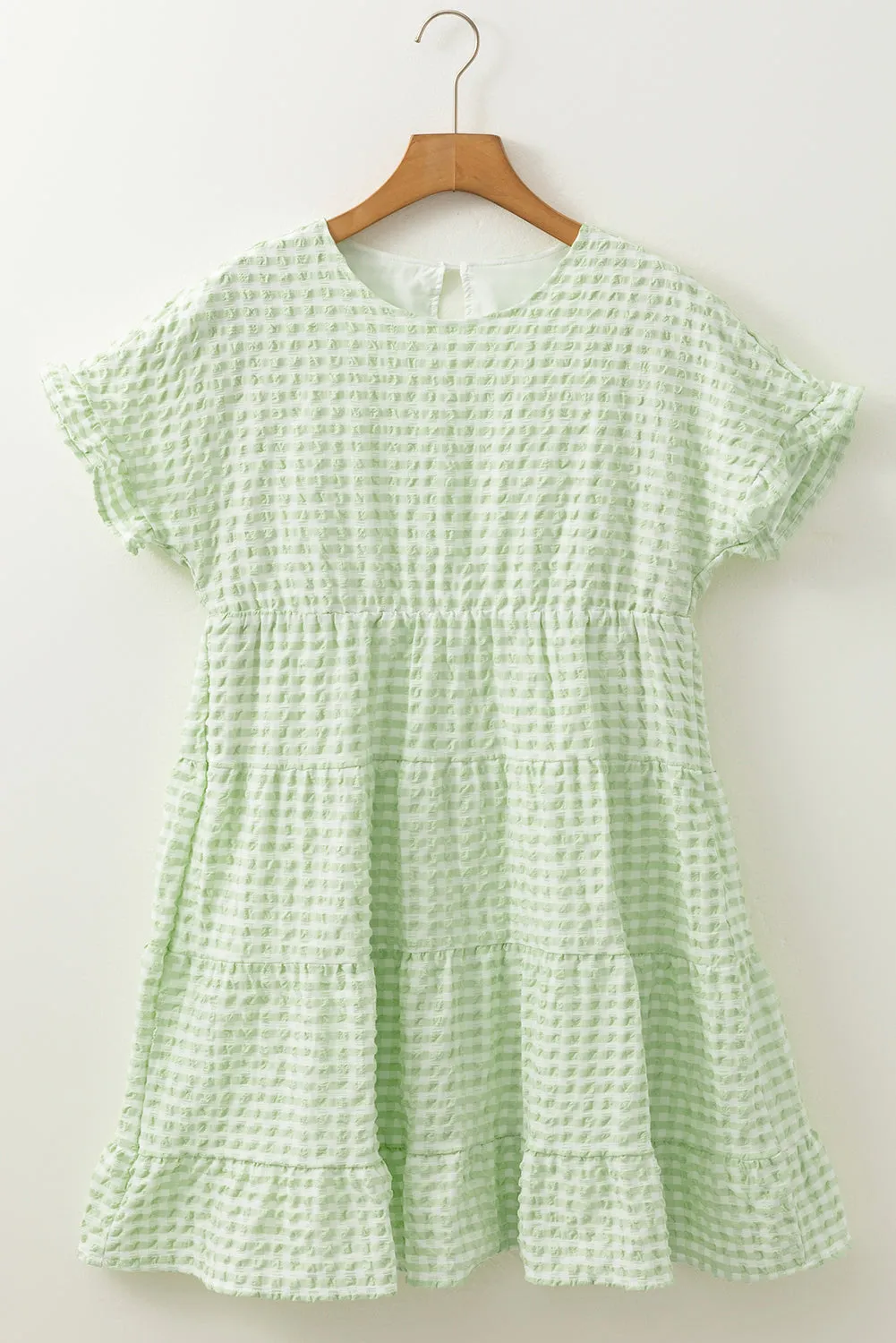 Green Stripe Textured Tiered Short Sleeve Loose Mini Dress