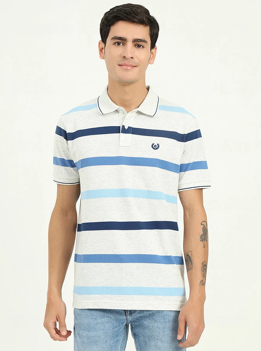 Grey & Blue Striped Slim Fit Polo T-Shirt | Greenfibre