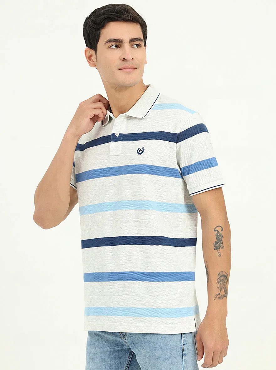 Grey & Blue Striped Slim Fit Polo T-Shirt | Greenfibre