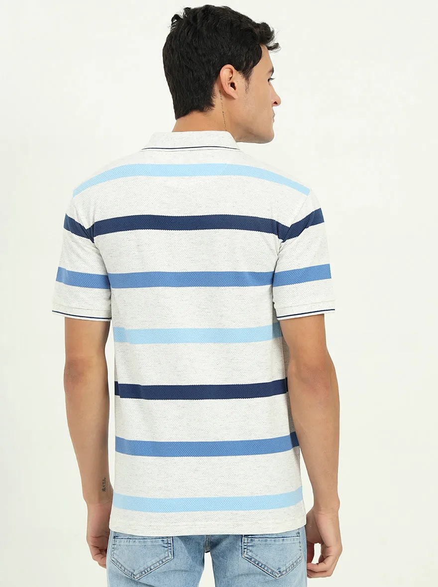 Grey & Blue Striped Slim Fit Polo T-Shirt | Greenfibre