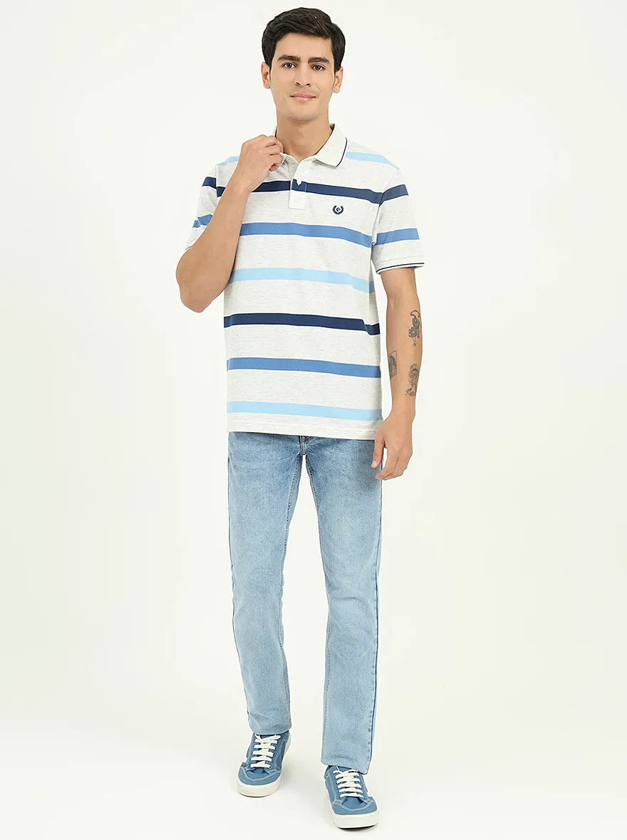 Grey & Blue Striped Slim Fit Polo T-Shirt | Greenfibre