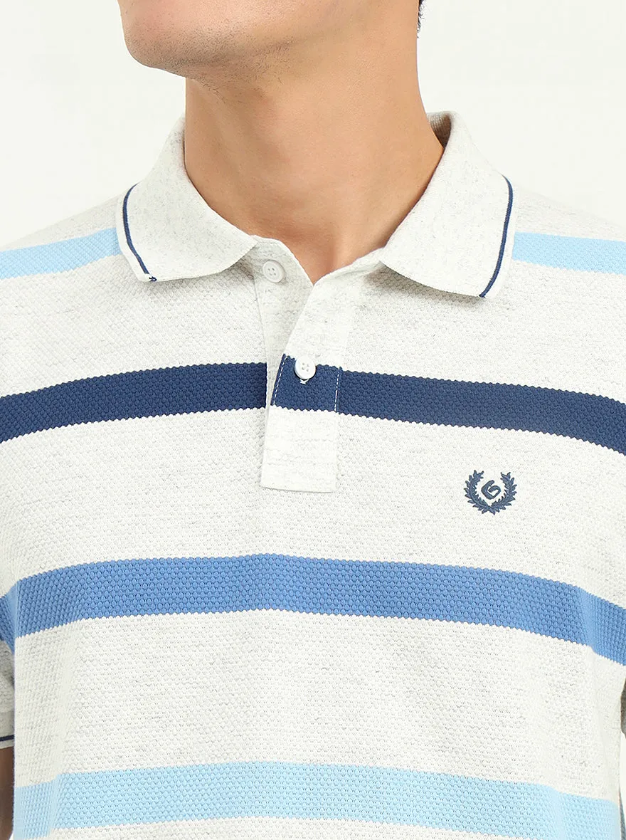 Grey & Blue Striped Slim Fit Polo T-Shirt | Greenfibre