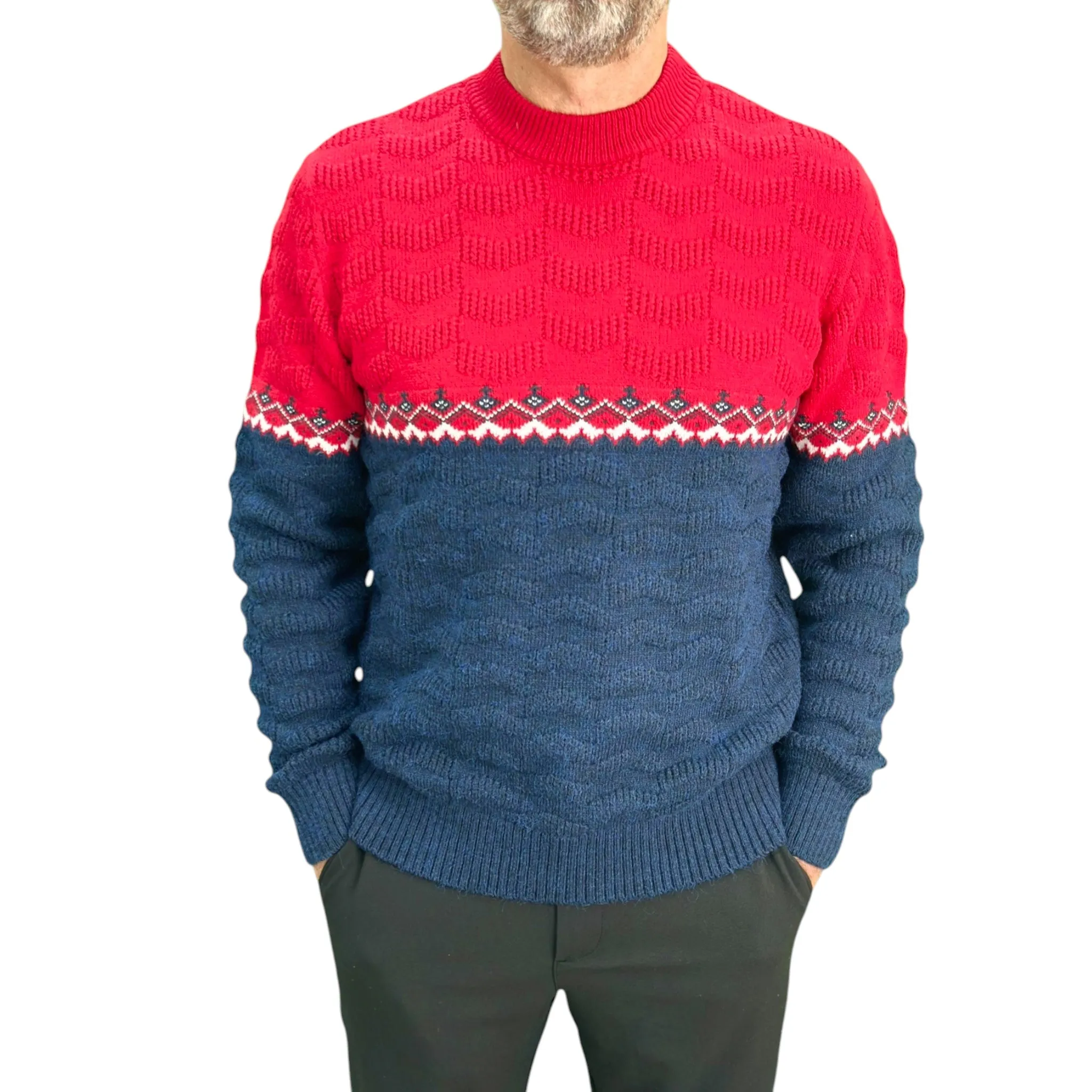 Gunky Winter Crew Neck Sweater- 100% Wool - Red and Navy Blue Combo