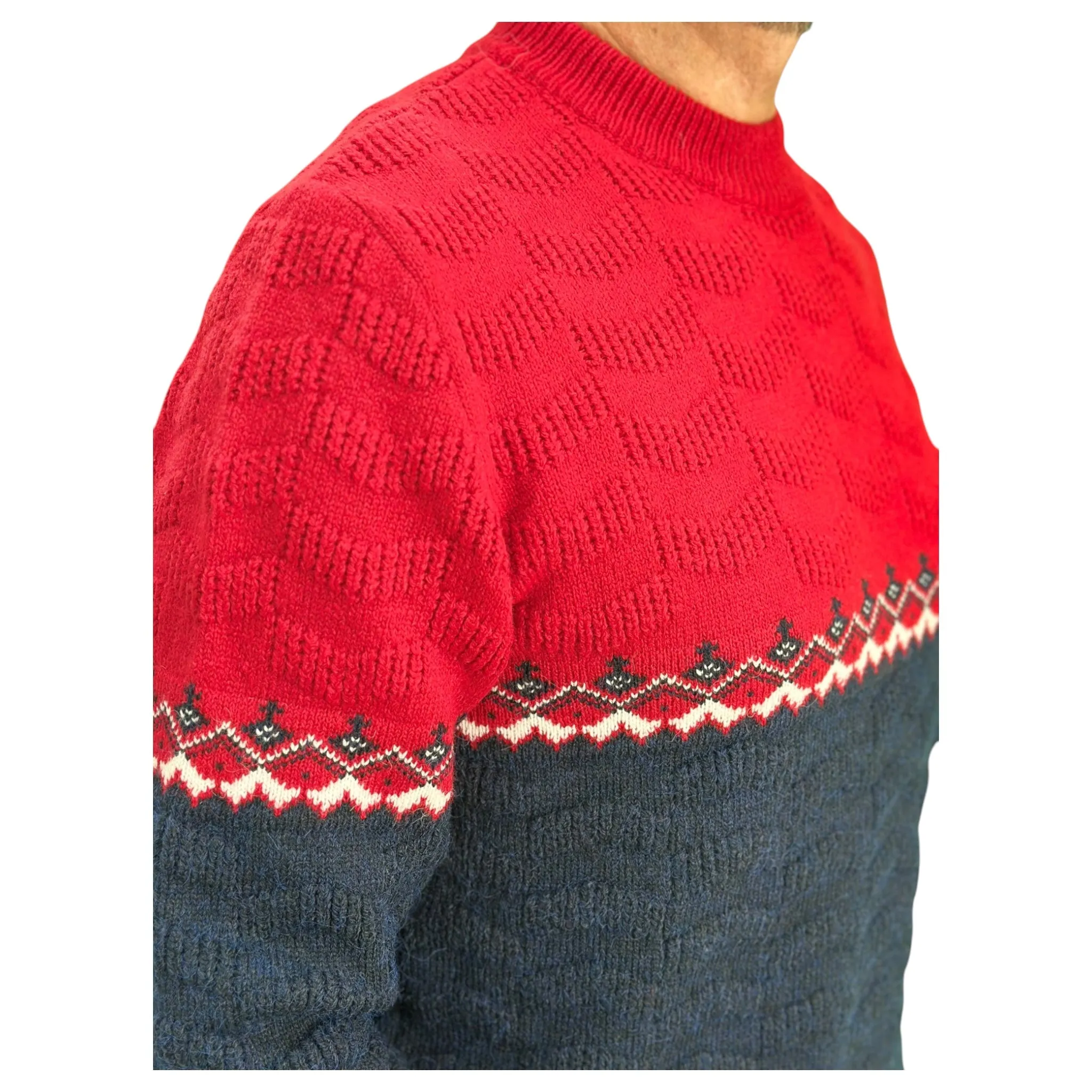 Gunky Winter Crew Neck Sweater- 100% Wool - Red and Navy Blue Combo