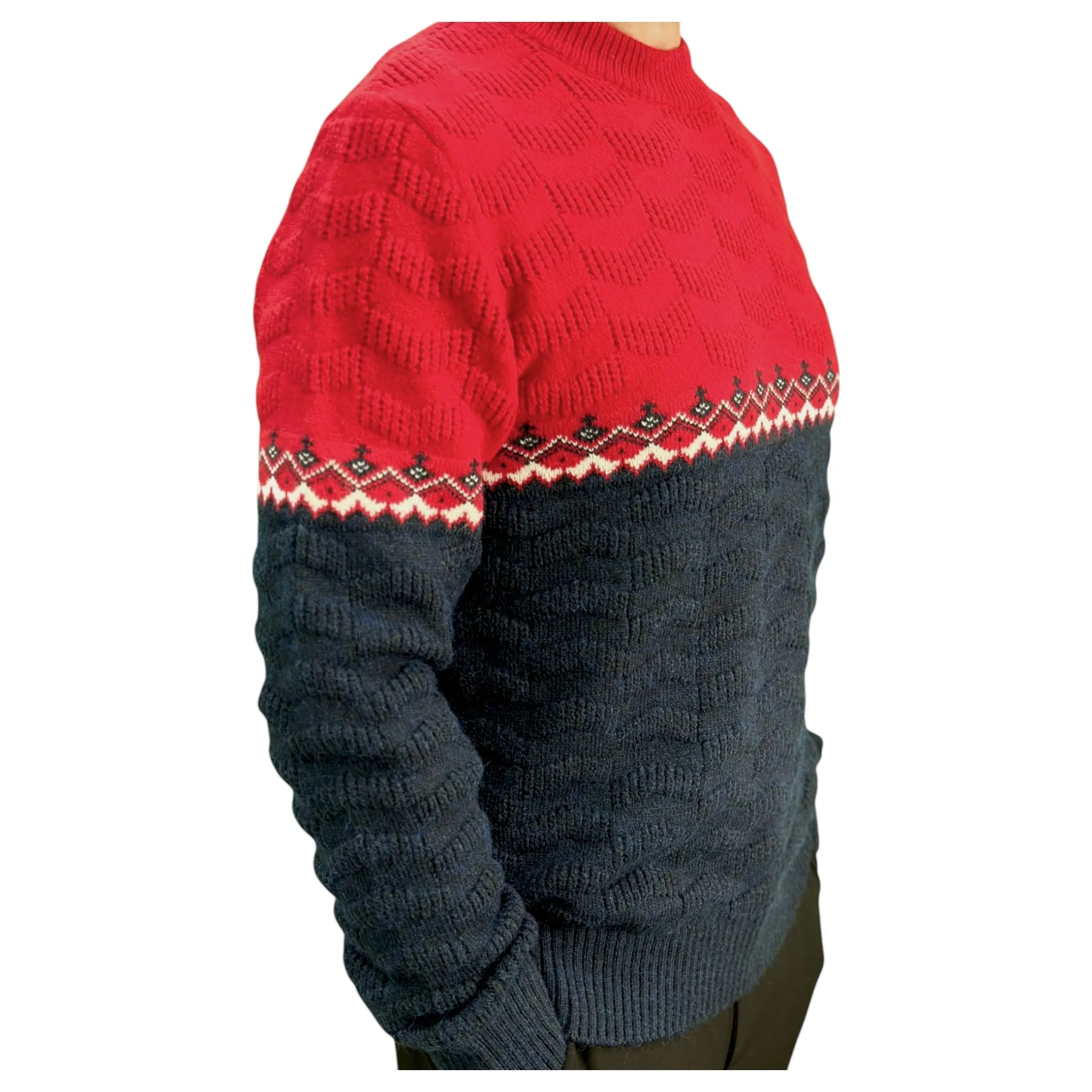 Gunky Winter Crew Neck Sweater- 100% Wool - Red and Navy Blue Combo