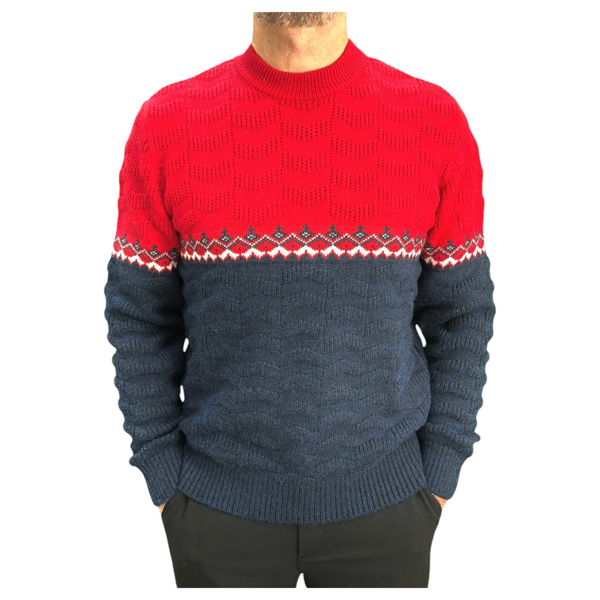 Gunky Winter Crew Neck Sweater- 100% Wool - Red and Navy Blue Combo