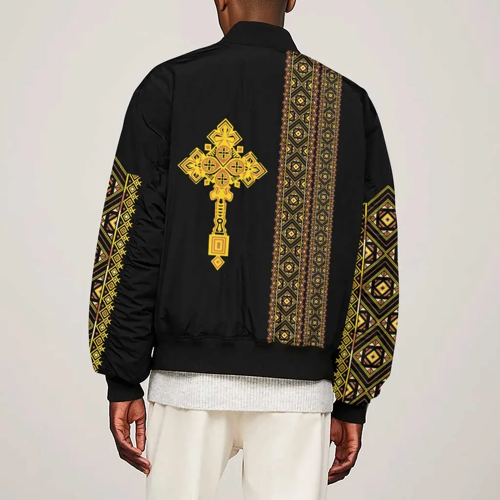 Habesha Motifs Ethiopia Sleeve Zip Bomber Jacket Tilet Black Gold LT7